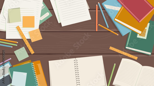 Top view of workplace for studying. Vector cartoon illustration of old wooden desk, papers, sticky notes, rulers, pencils, textbooks and notebooks with blank pages. Education workspace at home