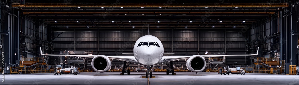 Modern airplane parked in a spacious hangar with maintenance equipment in the background. Modern airplane parked in a spacious hangar with maintenance equipment in the background.