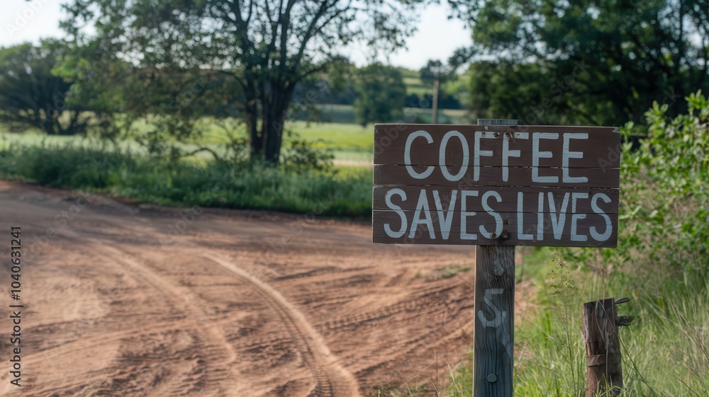 Roadside sign reading COFFEE SAVES LIVES with rural field and dirt road Roadside sign reading COFFEE SAVES LIVES with rural field and dirt road
