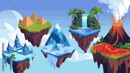 Fantastic flying land platforms for game ui design. Vector cartoon illustration of islands decorated with ancient pyramids, ice and snow, paradise waterfall, volcano with fiery liquid lava