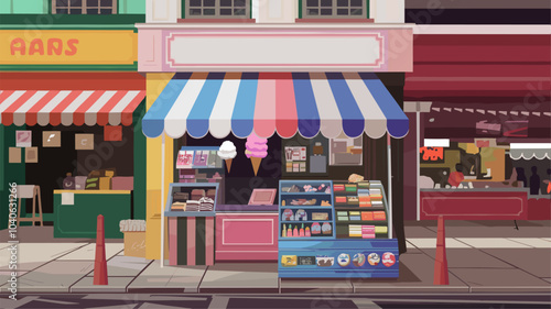 Shop, cafe or market canopy, awning with white, blue and pink stripes. Striped sunshade for grocery, candy store or stall with ice cream or cotton candy, vector realistic 3d illustration