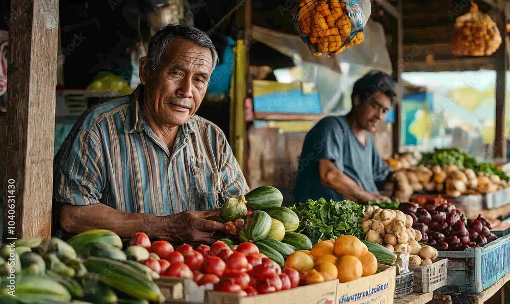 Farmers arranging fresh produce at market stall Farmers arranging fresh produce at market stall