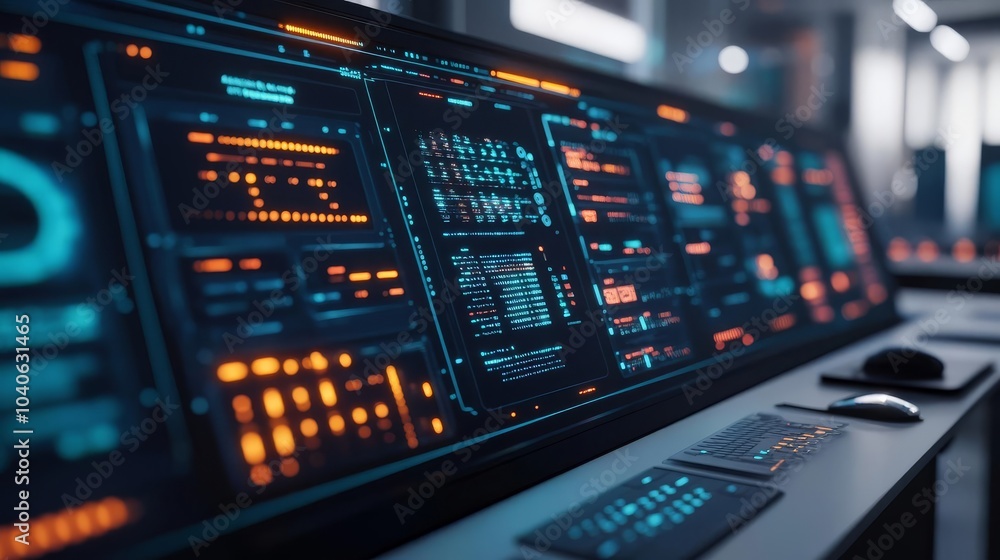 Interactive algorithm display, glowing holographic panels, sleek tech office, advanced tools Interactive algorithm display, glowing holographic panels, sleek tech office, advanced tools