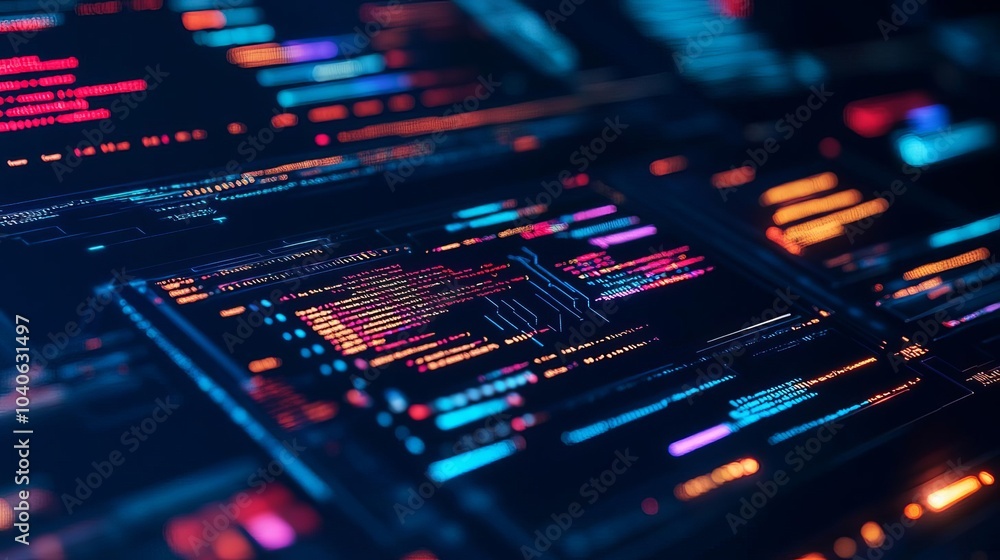 Obraz premium Interactive algorithm editor, augmented reality screens, digital code environment