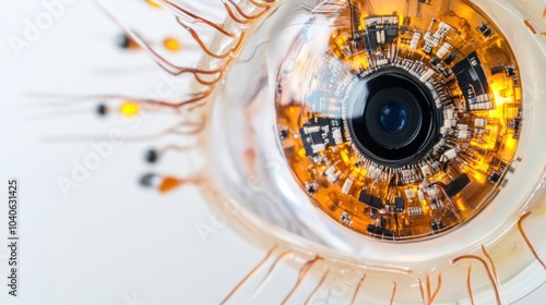 A detailed view of a bionic eye implant prototype, showing microelectronics and neural interface, Biomedical engineering style