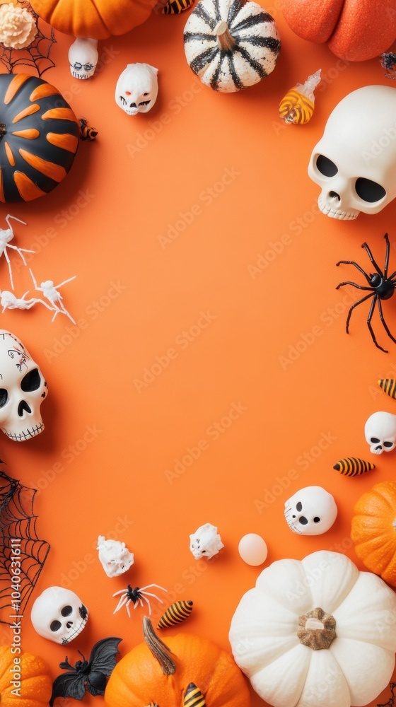 Halloween-themed decorations with pumpkins, skulls, and spiders on an orange background, AI Halloween-themed decorations with pumpkins, skulls, and spiders on an orange background, AI
