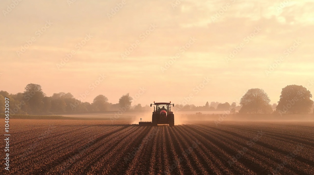 Fototapeta premium A tractor plows a field at sunrise, creating rows in the soil.