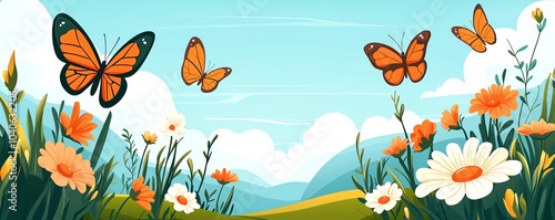 A vibrant illustration of butterflies flying over a colorful field of flowers under a bright blue sky.