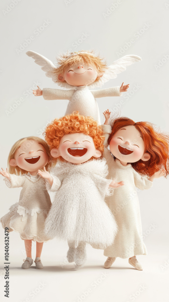 Joyful animated characters with angelic wings and birds celebrate together, AI Joyful animated characters with angelic wings and birds celebrate together, AI