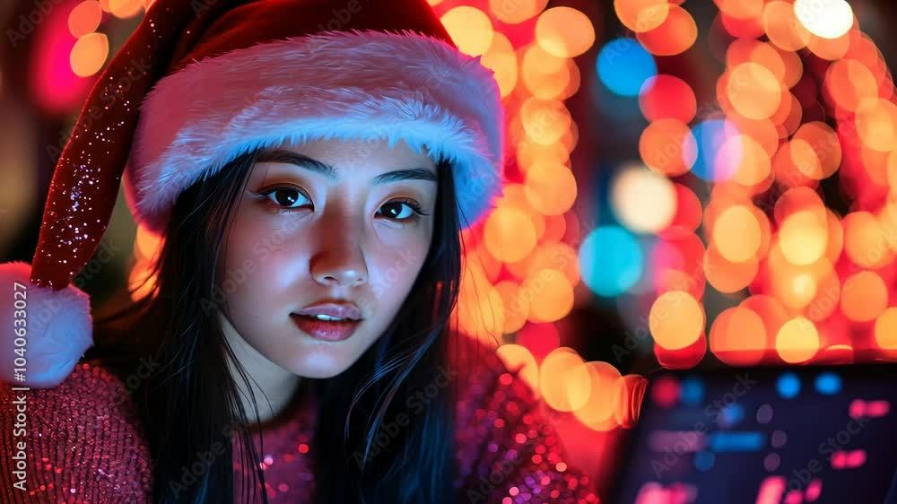 The young woman in a Santa hat focuses on her laptop, surrounded by colorful holiday lights in a cozy winter evening atmosphere The young woman in a Santa hat focuses on her laptop, surrounded by colorful holiday lights in a cozy winter evening atmosphere