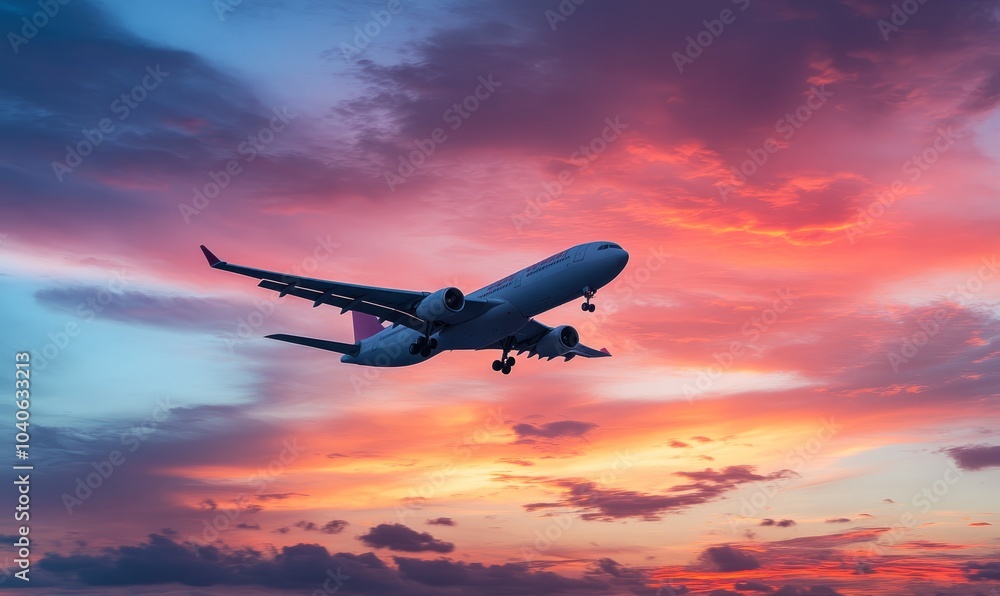 Commercial airplane flying at sunset against a colorful sky Commercial airplane flying at sunset against a colorful sky