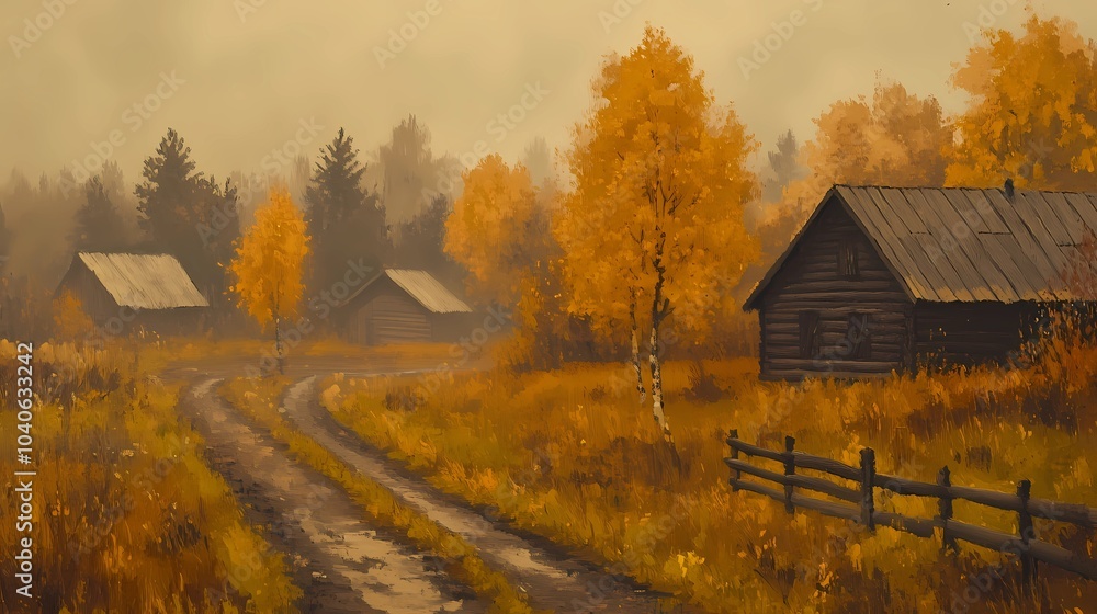 Foggy autumn village with colorful fall trees and misty houses, creating a peaceful and serene seasonal landscape perfect for nature visuals. Foggy autumn village with colorful fall trees and misty houses, creating a peaceful and serene seasonal landscape perfect for nature visuals.