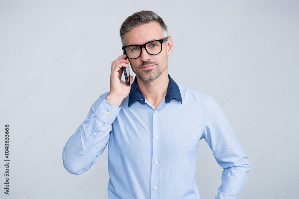 Man businessman having business phone call communication isolated on grey