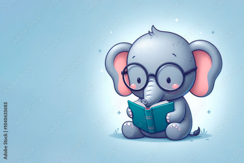A little elephant with a book and glasses on a clean background. Space for text. A little elephant with a book and glasses on a clean background. Space for text.