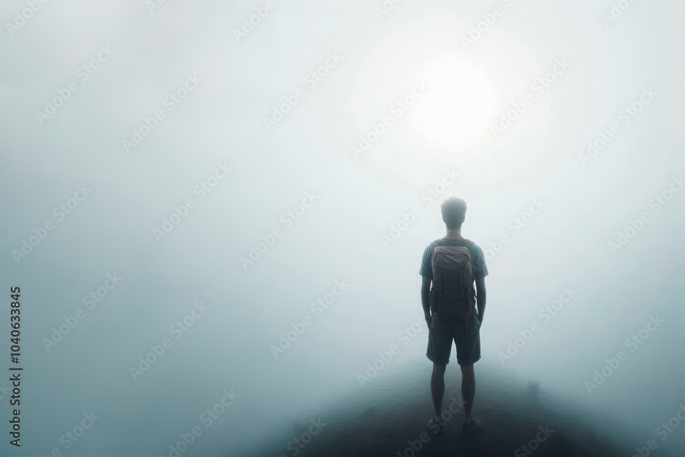 A man looking into the fog. Space for text. A man looking into the fog. Space for text.