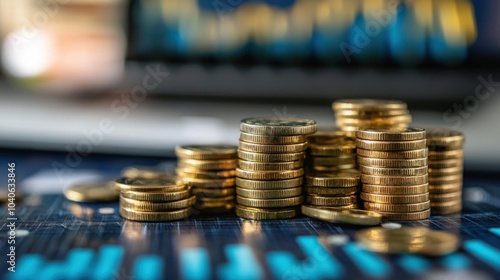 Stacks of golden coins on a financial chart background