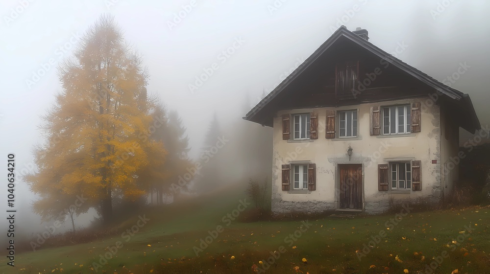 Misty autumn morning in a rural village, with vibrant fall trees and fog covering the houses, ideal for tranquil countryside visuals. Misty autumn morning in a rural village, with vibrant fall trees and fog covering the houses, ideal for tranquil countryside visuals.