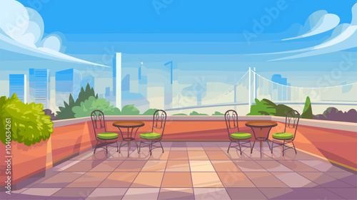 Restaurant on rooftop or building terrace with city view. Vector parallax background for 2d game animation with cartoon illustration of empty patio on roof or balcony with cafe furniture