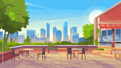 Restaurant on rooftop or building terrace with city view. Vector parallax background for 2d game animation with cartoon illustration of empty patio on roof or balcony with cafe furniture