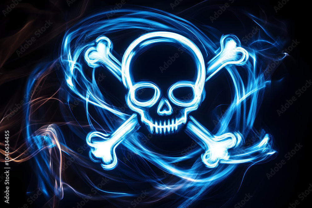Modern neon silhouette of skull and crossbones with swirling blue light trails isolated on black background. Modern neon silhouette of skull and crossbones with swirling blue light trails isolated on black background.