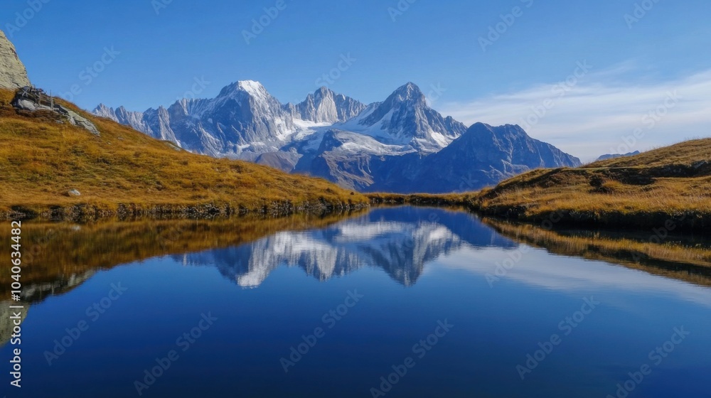 A serene mountain lake reflecting snow-capped peaks at dawn, representing the tranquility and natural beauty of alpine landscapes, Nature scene A serene mountain lake reflecting snow-capped peaks at dawn, representing the tranquility and natural beauty of alpine landscapes, Nature scene