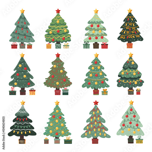 Set of Christmas trees of different shapes with garlands, balls and toys. Vector Christmas trees in flat style on white background.