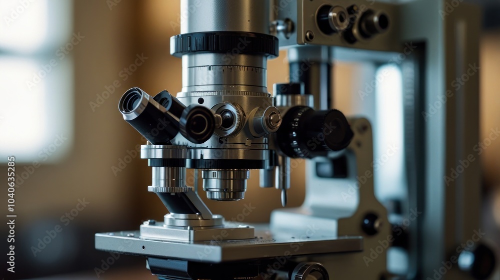 A close-up of the sophisticated microscope, showing its intricate design and precision engineering. The silver body of the microscope is adorned with dials, knobs, and lenses. A close-up of the sophisticated microscope, showing its intricate design and precision engineering. The silver body of the microscope is adorned with dials, knobs, and lenses.