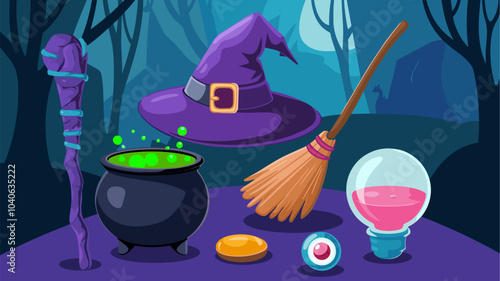 Wizard or witch game cartoon icons. Vector illustration of magic staff of cauldron with mystery green potion, purple hat and wooden broom, fantasy fortune ball and amulet, glass bulb with pink poison.