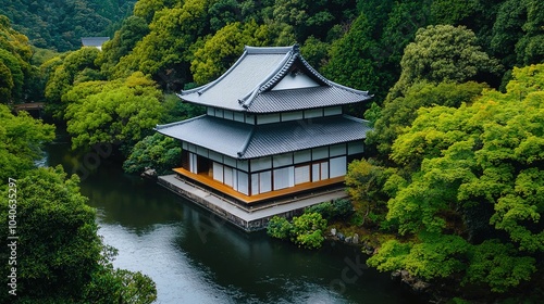 A serene building surrounded by lush greenery and a tranquil waterway, showcasing traditional architecture in harmony with nature.