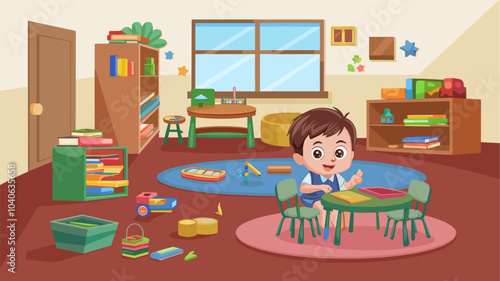 Kindergarten classroom with kid character cartoon vector. School room interior with children concept. Preschool playground and education daycare with window, floor, furniture and carpet inside