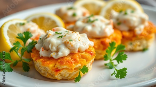 Deviled Crab Cakes Garnished with Parsley and Lemon Wedge for Seafood Menu Photography