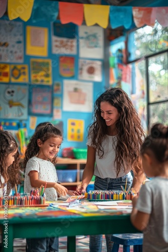 Visualize a lively kindergarten classroom where a group of children is enthusiastically engaged in a fun educational activity with their teacher