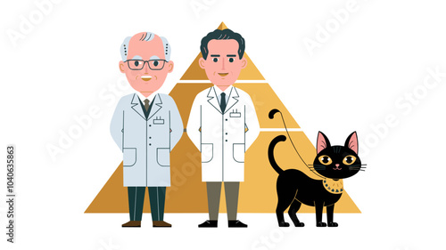 Senior professor, male scientist in white coat, egyptian black cat isolated on white background. Vector cartoon illustration of male characters for game design, animal with golden necklace, backpack