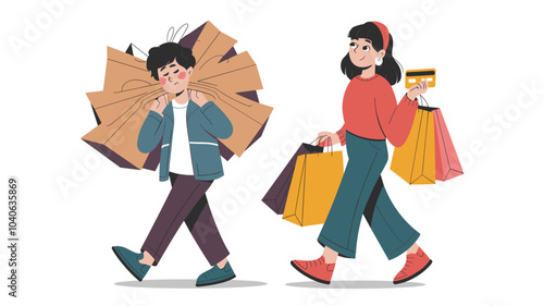 Couple shopping isolated on white background. Vector cartoon illustration of tired young man carrying many paper bags, happy woman walking with card full of purchases, black Friday sale, discounts