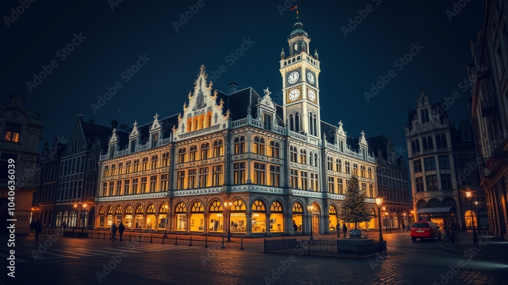 Illuminated Post Building and Clock Tower at Korenmarkt Square, Ghent - Evening Portrait Photography Illuminated Post Building and Clock Tower at Korenmarkt Square, Ghent - Evening Portrait Photography