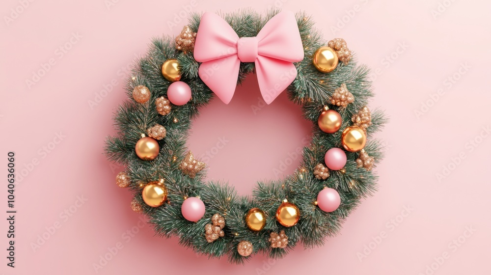 Festive Christmas wreath with pink bow and golden ornaments on pink background Festive Christmas wreath with pink bow and golden ornaments on pink background