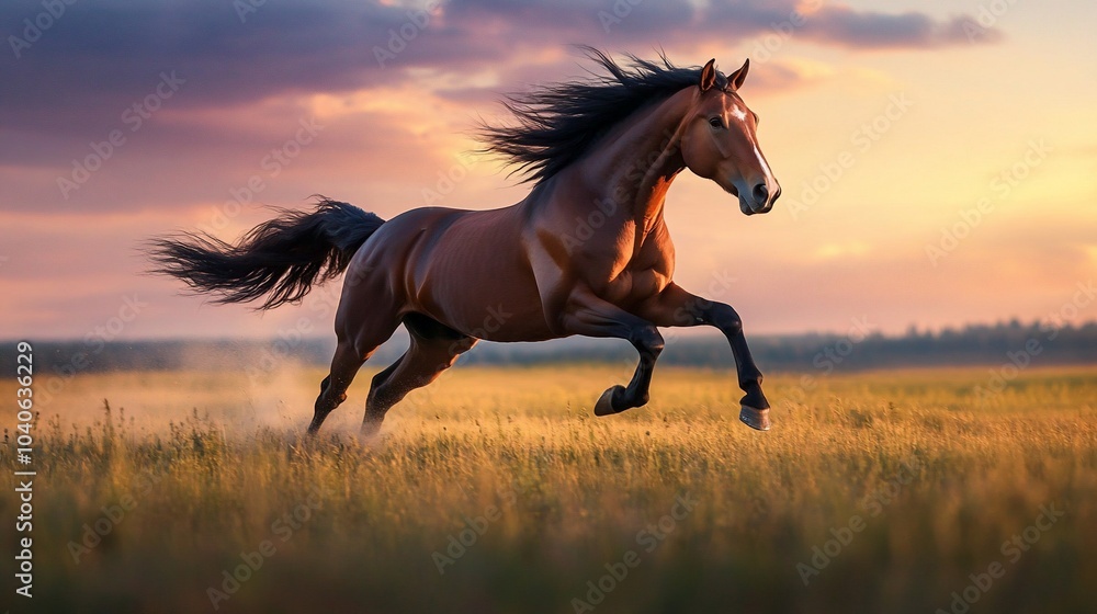 A bay horse with a flowing mane and tail runs through a field at sunset. A bay horse with a flowing mane and tail runs through a field at sunset.