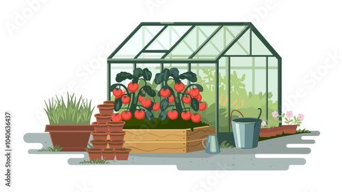 Greenhouse furniture and plants set isolated on white background. Vector cartoon illustration of tomato bushes growing in wooden box, green grass in flowerpot, clay pots stack, metal bucket, waterer