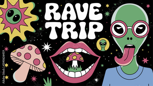 Rave trip banners with psychedelic illustrations of alien and mouth with mushroom. Vector cartoon posters with acid stickers of martian head in glasses and tongue with amanita