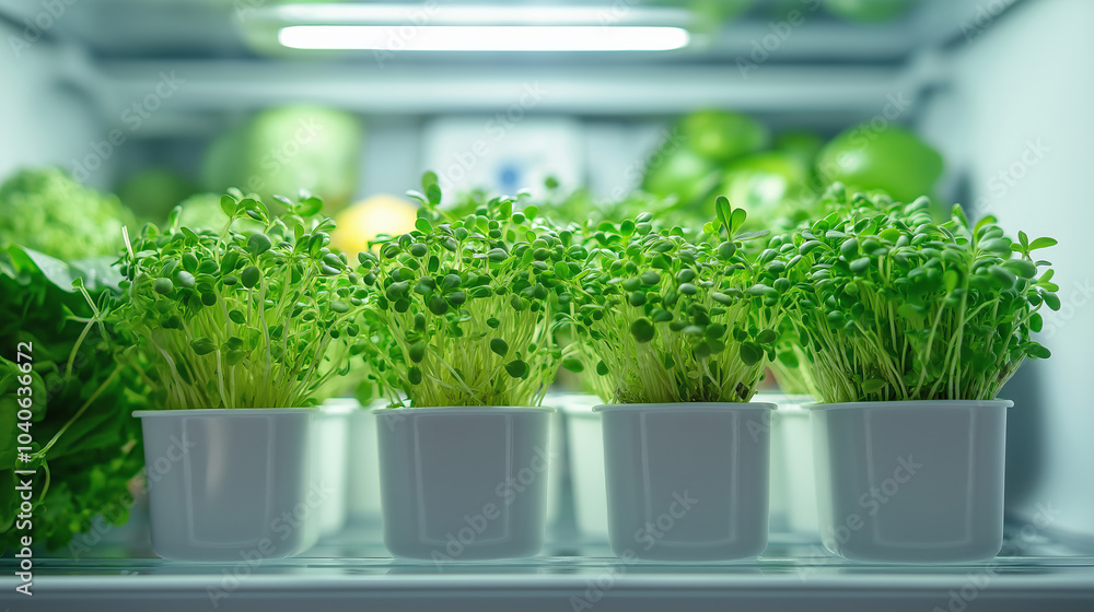Fresh microgreens growing in white pots inside refrigerator. Healthy organic greens for nutrition and indoor gardening concepts. Suitable for articles on healthy eating, nutrition, and home gardening. Fresh microgreens growing in white pots inside refrigerator. Healthy organic greens for nutrition and indoor gardening concepts. Suitable for articles on healthy eating, nutrition, and home gardening.