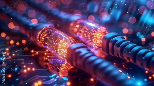 A detailed close-up of a fiber optic cable showcasing its glowing fibers, representing advanced communication technology and data transfer.