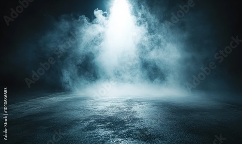 Concrete floor with smoke or fog in dark room with spotlight. Asphalt night street background