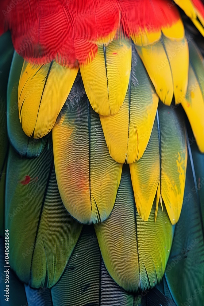 Obraz premium Primer plano de las plumas de un pájaro tropical, plumas de guacamayo, close-up del plumaje de un loro