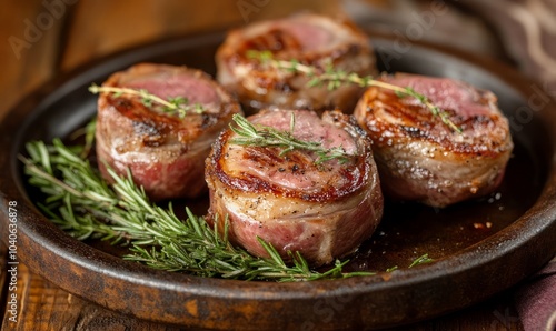 Bacon wrapped pork medallions with fresh raw tenderloin