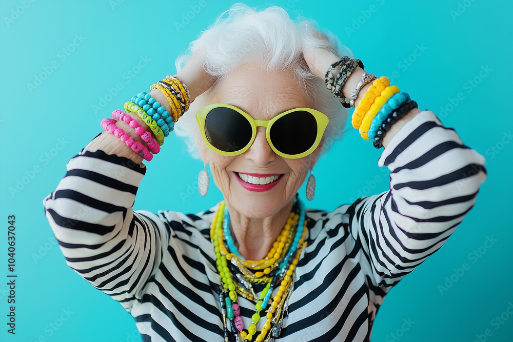 An elderly woman wearing black and white stripe dress and sunglasses warmly smiling against blue background. An elderly woman wearing black and white stripe dress and sunglasses warmly smiling against blue background.