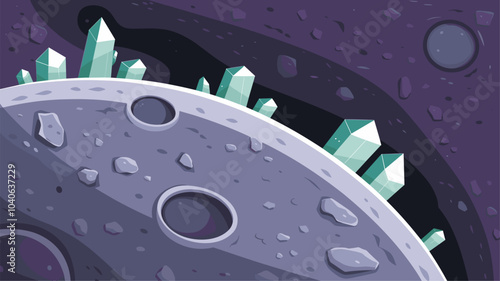 Moon surface texture, Mars ground with craters and stone land with green crystals. Vector cartoon seamless patterns with top view of lunar sand surface, purple cobblestones