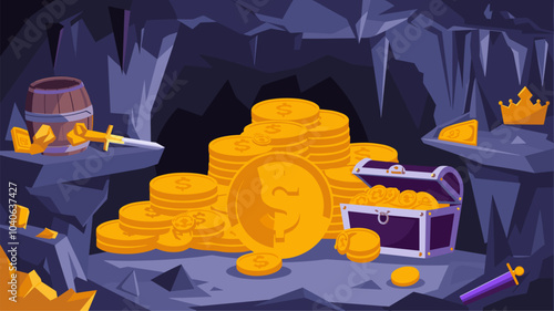 Gold coin and treasure in mine cave vector cartoon background. Pile of golden pirate money with chest and crown in underground mountain trove. Ancient abandoned location with barrel, sword and jewel