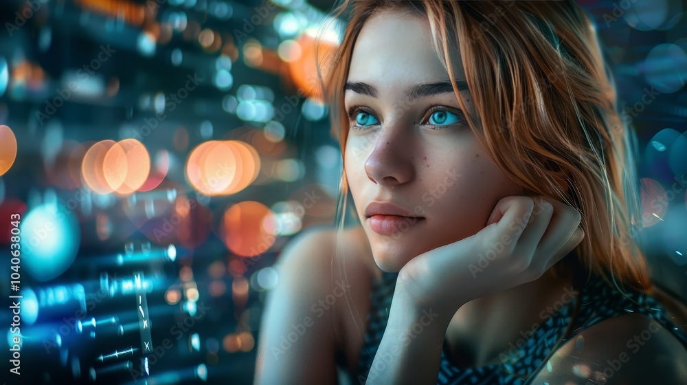 Young woman in her 20s reflecting on digital privacy concerns against a modern backdrop Young woman in her 20s reflecting on digital privacy concerns against a modern backdrop