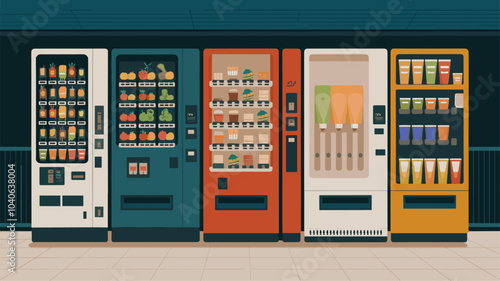 Vending machine with snack and drink illustration icon. Fruit, coffee, sandwich and juice dispenser for bar or parking. Convenience device to sell healthy product from slot clipart set graphic design.