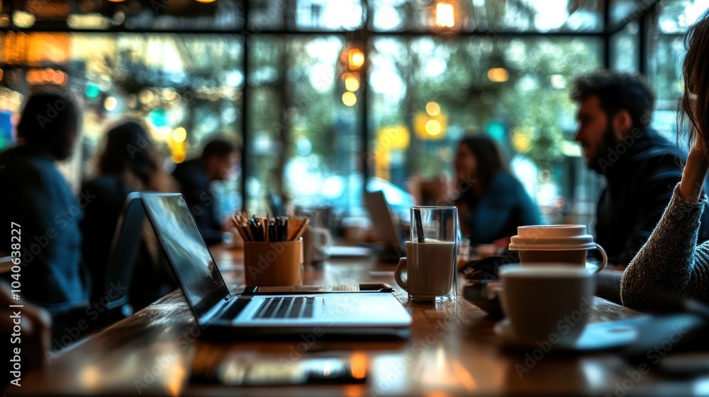 A table in a cafe with laptops, coffee cups, and other items, with people in the background. A table in a cafe with laptops, coffee cups, and other items, with people in the background.